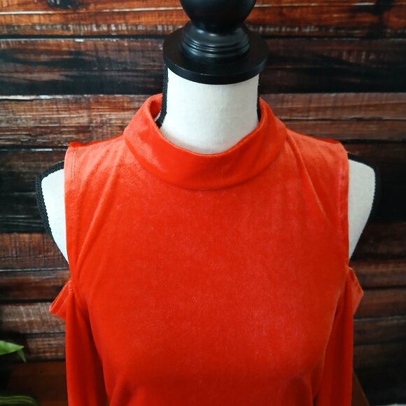 Juicy Couture Dress XL Velour Ruched Bodycon Cold Shoulder High Neck Red Orange - Picture 3 of 10